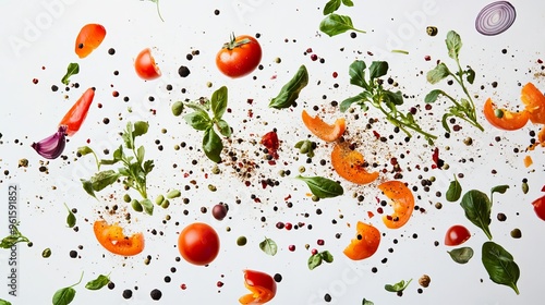 Colorful vegetables and fragrant spices rain down against a clean, white backdrop.