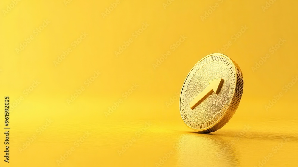 Golden Coin with Upward Arrow on Yellow Background Golden Coin with Upward Arrow on Yellow Background