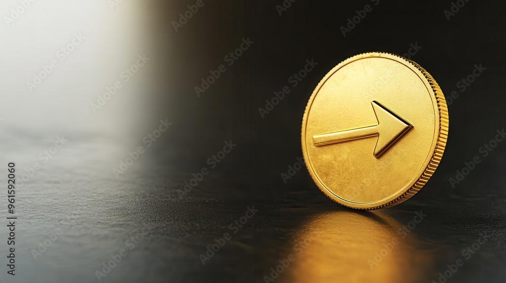 Golden Coin with Right Arrow Symbol on Black Surface Golden Coin with Right Arrow Symbol on Black Surface