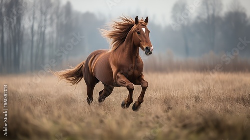 Majestic brown horse galloping freely in open field