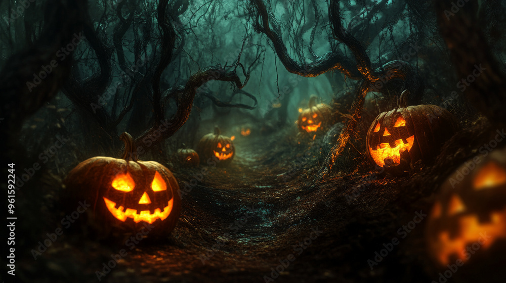 Creepy Halloween jack-o'-lanterns glowing in a haunted forest
Creepy Halloween jack-o'-lanterns glowing in a haunted forest