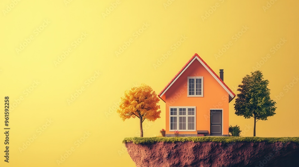 House on a Cliff with Autumn Trees and Yellow Background House on a Cliff with Autumn Trees and Yellow Background