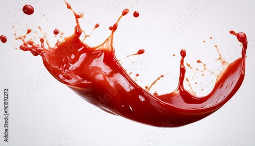 Red Tomato ketchup splash flying in air isolated on white background. ai generated