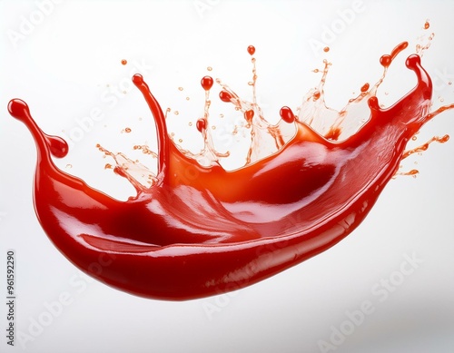 Red Tomato ketchup splash flying in air isolated on white background. ai generated