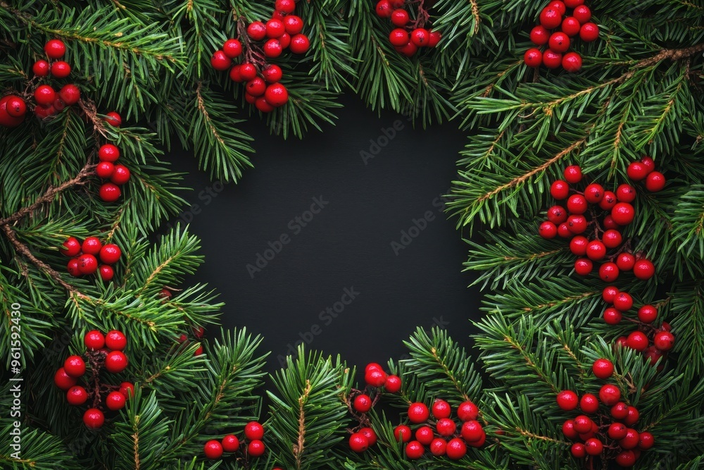 A square blank space bordered by lush green pine branches adorned A square blank space bordered by lush green pine branches adorned