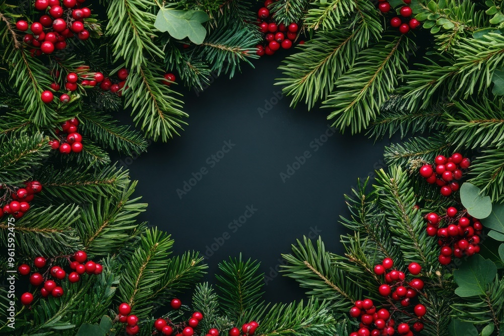 A square blank space bordered by lush green pine branches adorned A square blank space bordered by lush green pine branches adorned