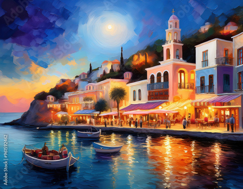Fototapeta Naklejka Na Ścianę i Meble -  Colorful painting of the island of Zakynthos, Greece in the moonlight