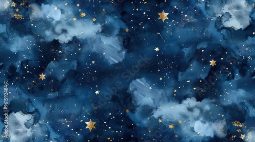 A seamless pattern depicting a deep blue night sky, dotted with gold foil stars and delicate constellations, interspersed with soft, watercolor clouds creating a dreamy effect.