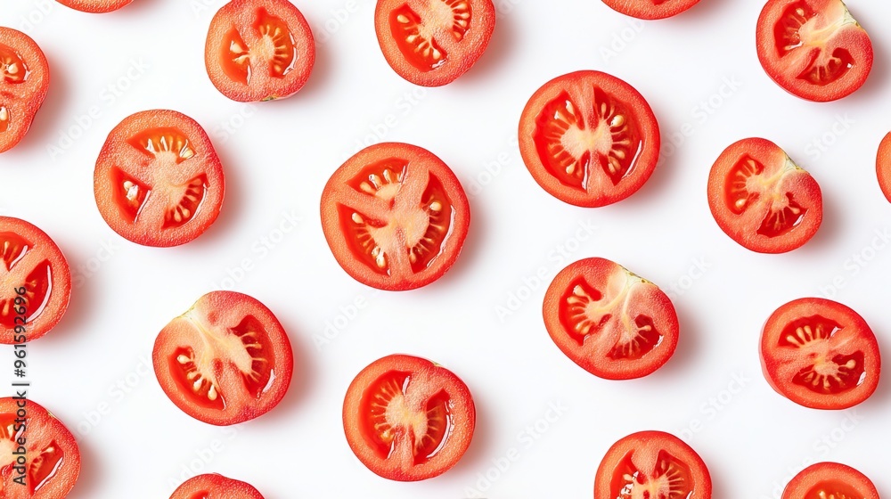 Red tomato slices scattered on a plain white background. Red tomato slices scattered on a plain white background.