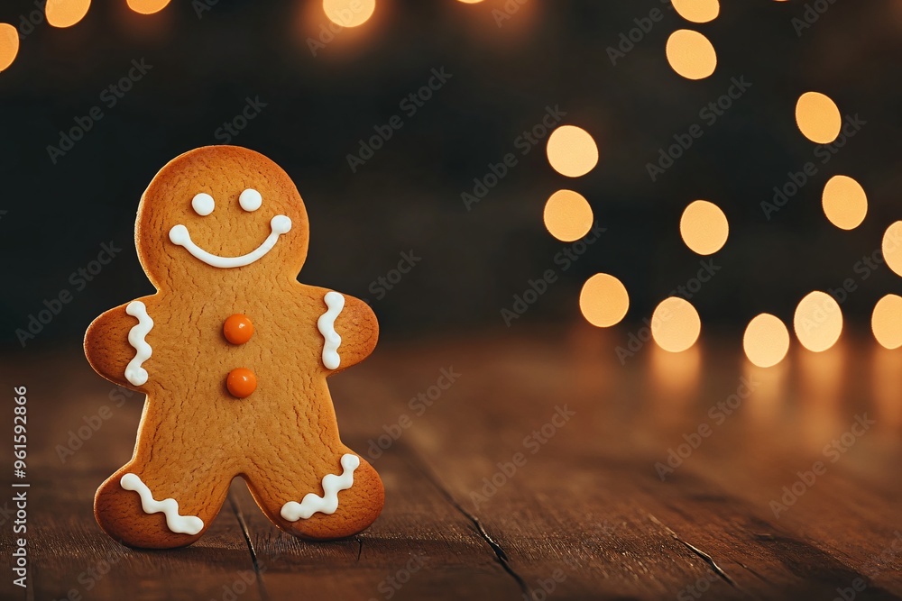 Gingerbread Man on Wooden Table with Warm Lights Gingerbread Man on Wooden Table with Warm Lights