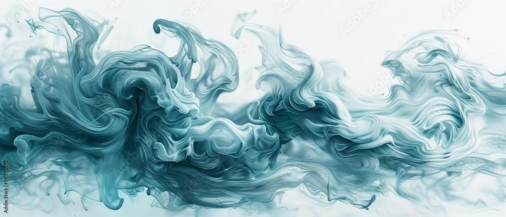 An abstract painting of blue and white swirls against a white background A blue sky lies in the distance An abstract painting of blue and white swirls against a white background A blue sky lies in the distance