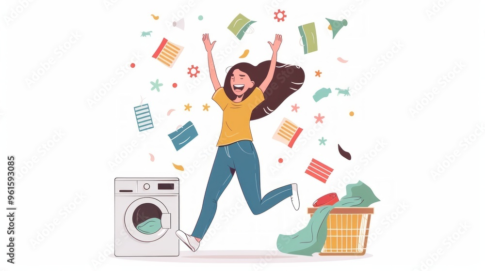 A joyful woman in cartoons happily does laundry, colorful clothes flying around her. Cheerful and dynamic image capturing lighthearted fun in everyday chores. A joyful woman in cartoons happily does laundry, colorful clothes flying around her. Cheerful and dynamic image capturing lighthearted fun in everyday chores.