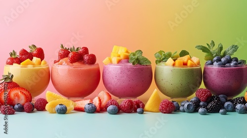 A variety of colorful smoothies and fruit bowls, including acai and green smoothies, arranged on a gradient pastel background, emphasizing their fresh and vibrant nature