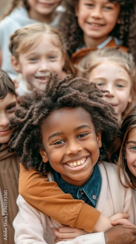 A joyful image of diverse, young children with arms around each other, including a child with dreadlocks in the center, exuding happiness and camaraderie in casual attire.