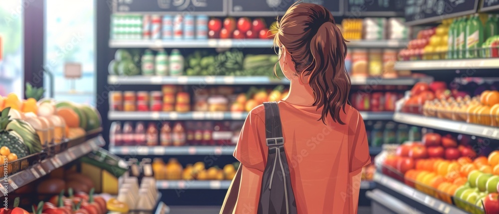 Illustration of a woman in a market with fruits and veggies. Her arms are tattooed, wearing a light shirt, and carrying a bag. Background full of produce in vibrant colors. Illustration of a woman in a market with fruits and veggies. Her arms are tattooed, wearing a light shirt, and carrying a bag. Background full of produce in vibrant colors.