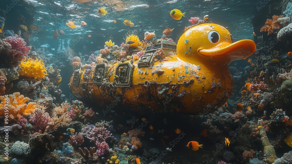 surreal underwater scene with a giant rubber duck submarine exploring a