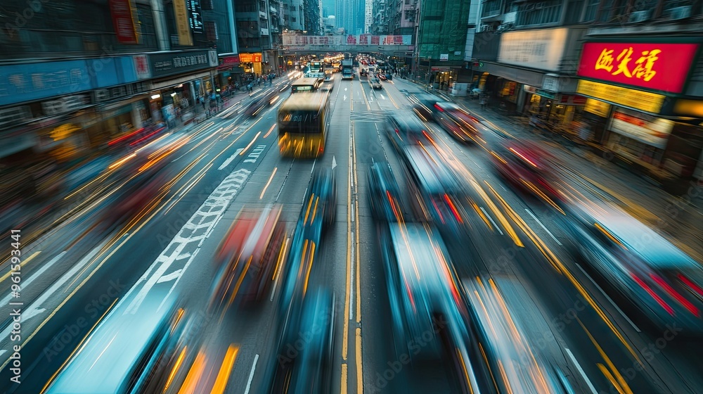High-speed blur of traffic in Hong Kong's urban center, with distinct Chinese characters on road markings adding to the scene. High-speed blur of traffic in Hong Kong's urban center, with distinct Chinese characters on road markings adding to the scene.