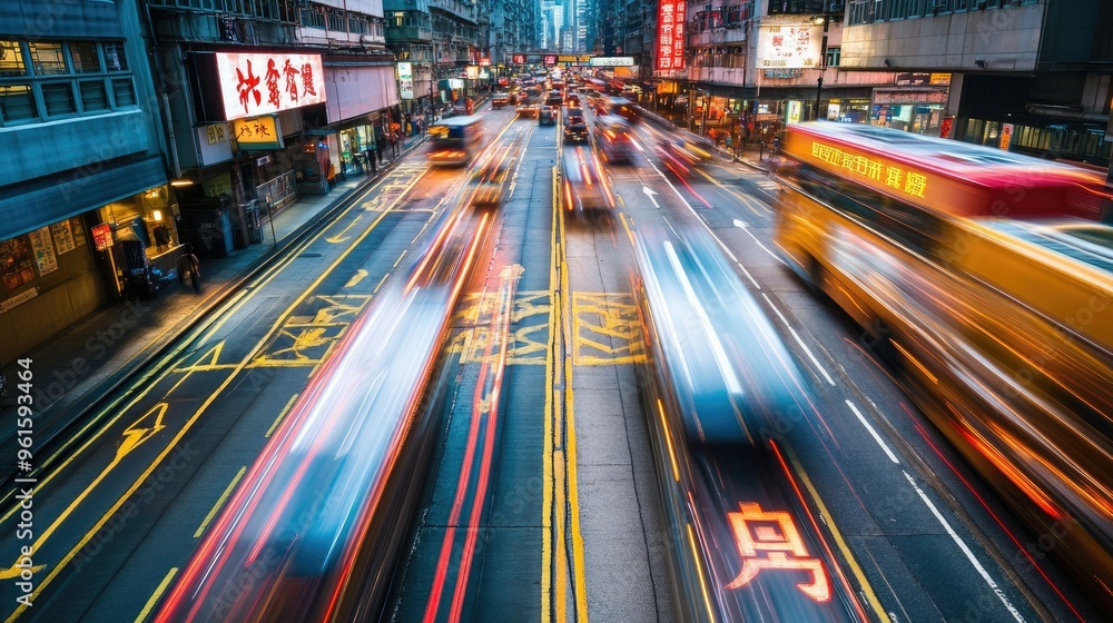 High-speed blur of traffic in Hong Kong's urban center, with distinct Chinese characters on road markings adding to the scene. High-speed blur of traffic in Hong Kong's urban center, with distinct Chinese characters on road markings adding to the scene.