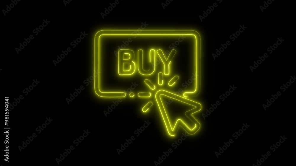 Neon Buy Button Icon Video HD - Glowing Buy Symbol with Click Cursor on Black Background Representing E-Commerce, Online Shopping, and Digital Purchase Interaction