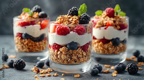 Fresh fruit and yogurt parfaits, including layers of granola and berries, displayed on a light grey background, capturing the freshness and texture of the ingredients
