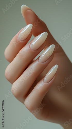 Elegant hand with glossy almond-shaped nails, showcasing a chic and modern manicure style against a soft background.