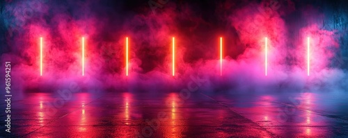 Vibrant neon lights illuminate a misty scene, creating an energetic and dynamic atmosphere perfect for events and nightlife.