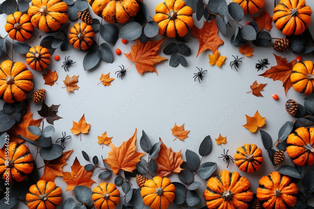 Fototapeta premium Halloween flat lay with pumpkins, orange leaves, black spiders, and pinecones on a gray background. Halloween background.