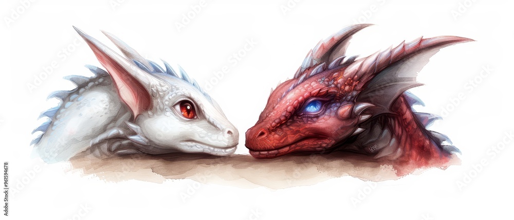 Fototapeta premium Red and White dragons confront each other against a pristine white background Their faces - one red, one white - are distinctively defined