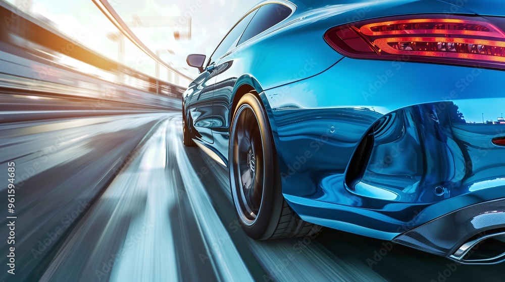 blue business car in high-speed turn on highway, rear view of vehicle rushing along road, fast driving and automotive performance on dynamic highway blue business car in high-speed turn on highway, rear view of vehicle rushing along road, fast driving and automotive performance on dynamic highway