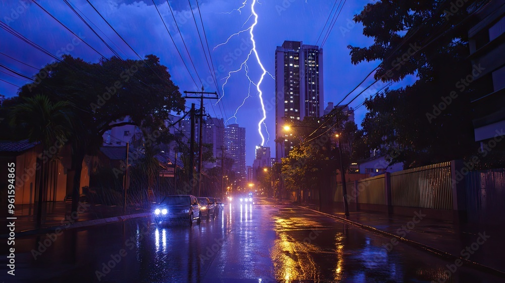 Naklejka premium Lightning strike near the main avenues of Maring the sudden flash highlighting the urban environment.