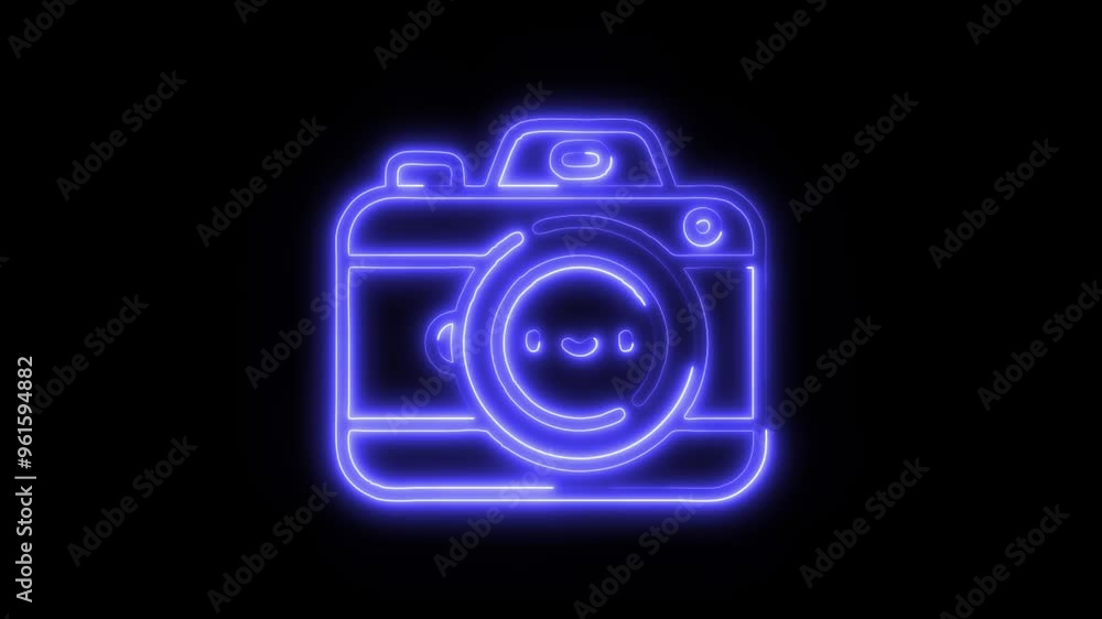 Neon Camera Icon Video HD - Glowing Photography Symbol with Smiley Face on Black Background Representing Creativity, Fun, and Digital Photography Neon Camera Icon Video HD - Glowing Photography Symbol with Smiley Face on Black Background Representing Creativity, Fun, and Digital Photography