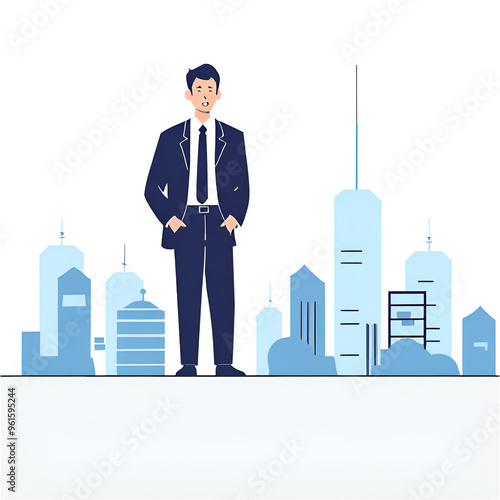 Successful businessmen and women standing with arms crossed looking at each other and city in the background.