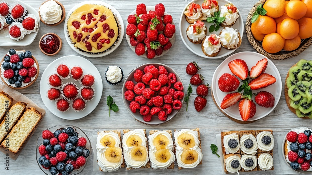 An array of sweet and savory dishes, including cupcakes, sandwiches, and fruit slices, displayed on a light grey wooden floor, highlighting the contrast between the natural wood and the colorful food An array of sweet and savory dishes, including cupcakes, sandwiches, and fruit slices, displayed on a light grey wooden floor, highlighting the contrast between the natural wood and the colorful food