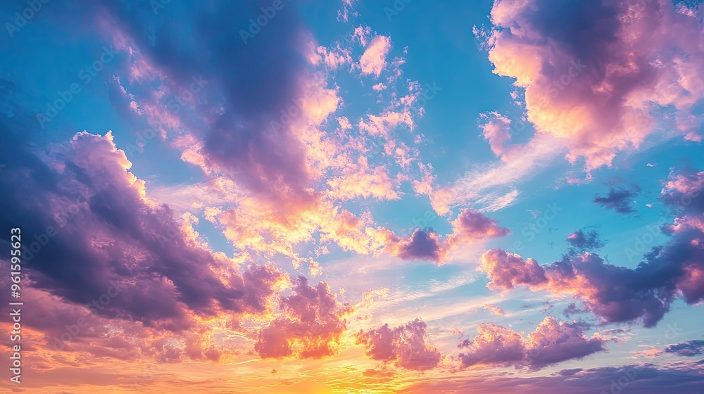 Majestic sunset with vibrant colors reflecting off scattered clouds, creating a serene and beautiful sky. Majestic sunset with vibrant colors reflecting off scattered clouds, creating a serene and beautiful sky.