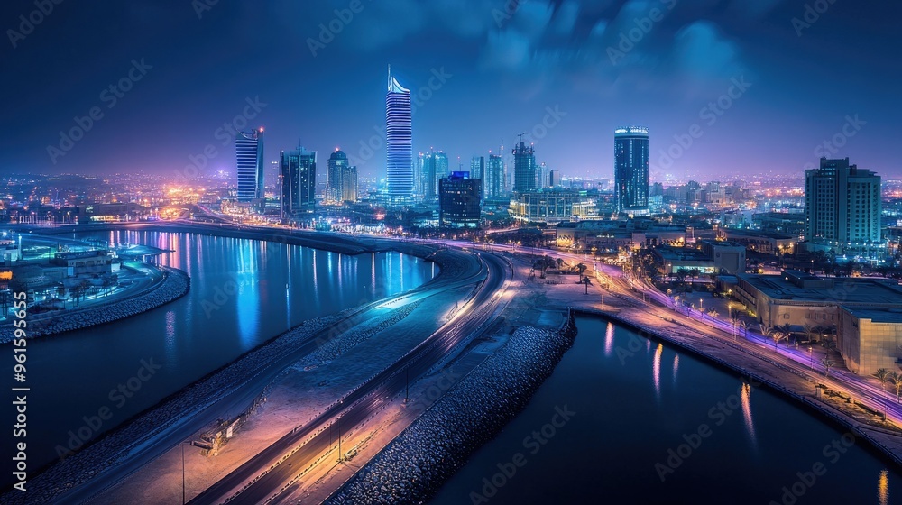 Fototapeta premium Manama, Bahrain, at night with the Four Seasons and Hilton Hotels glowing in the distance, creating a luxurious cityscape.