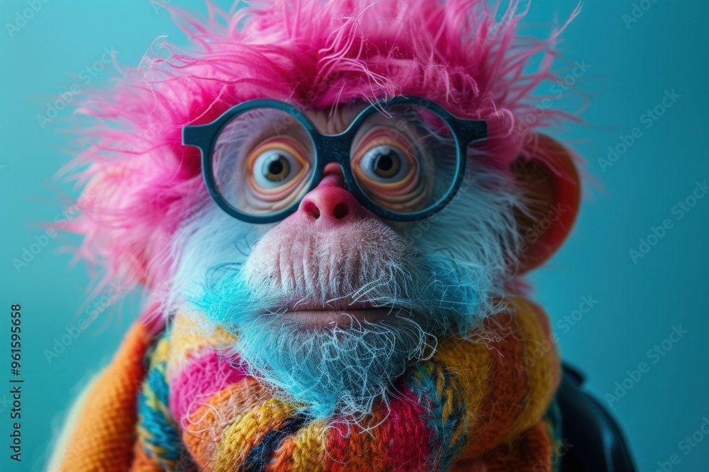 A playful monkey with colorful hair and glasses creates a whimsical atmosphere indoors A playful monkey with colorful hair and glasses creates a whimsical atmosphere indoors