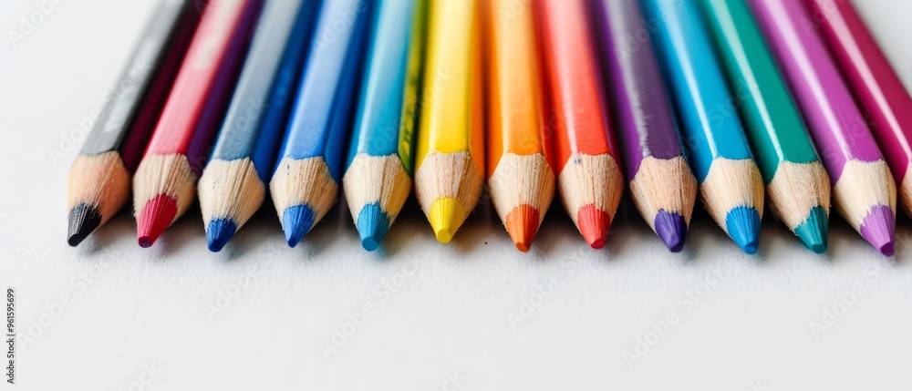 Naklejka premium A collection of colored pencils aligned on a white tabletop One pencil sits centrally in the group