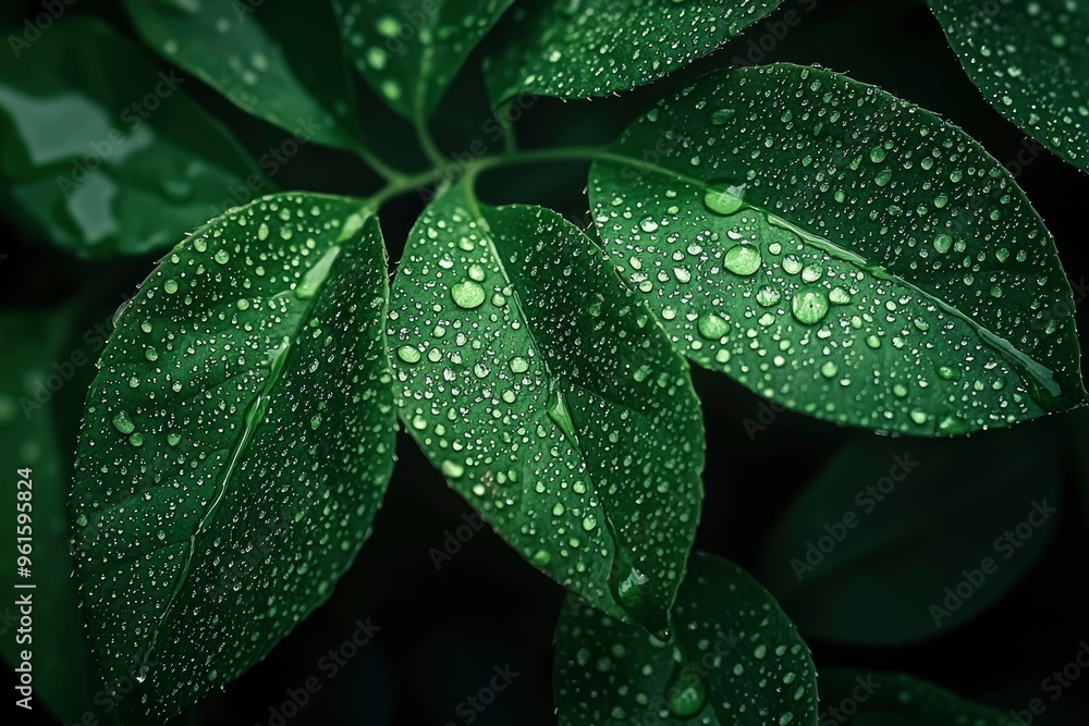 Fototapeta premium Close-up of Dew-Covered Green Leaves in Dark Surroundings