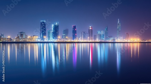 Manama's modern skyline at night, with Bahrain Bay in the foreground, reflecting the city vibrant nightlife and architecture.