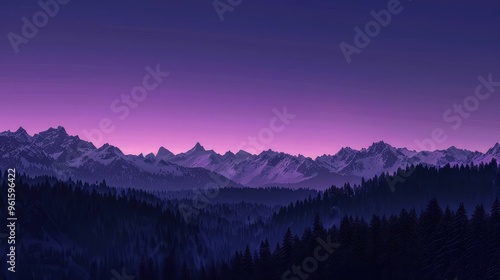 The serene beauty of a winter morning, with a range of snowy peaks beneath a deep purple sky, and a dark, thick forest line. photo