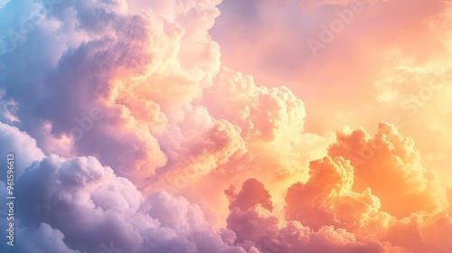 Morning sun illuminating steaming cumulonimbus clouds, creating a stunning palette of pink, orange, and gold. photo