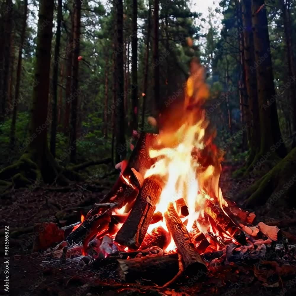 Wood fire in woods with trees. Campfire burning in forest. Forest campfire with bright flames in daylight. Wood fire in woods with trees. Campfire burning in forest. Forest campfire with bright flames in daylight.