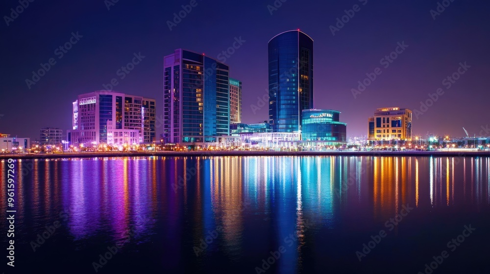 Fototapeta premium Night view of Dubai Festival City, showcasing the illuminated Hotel Crowne Plaza and Hotel Intercontinental with city lights reflecting on water.