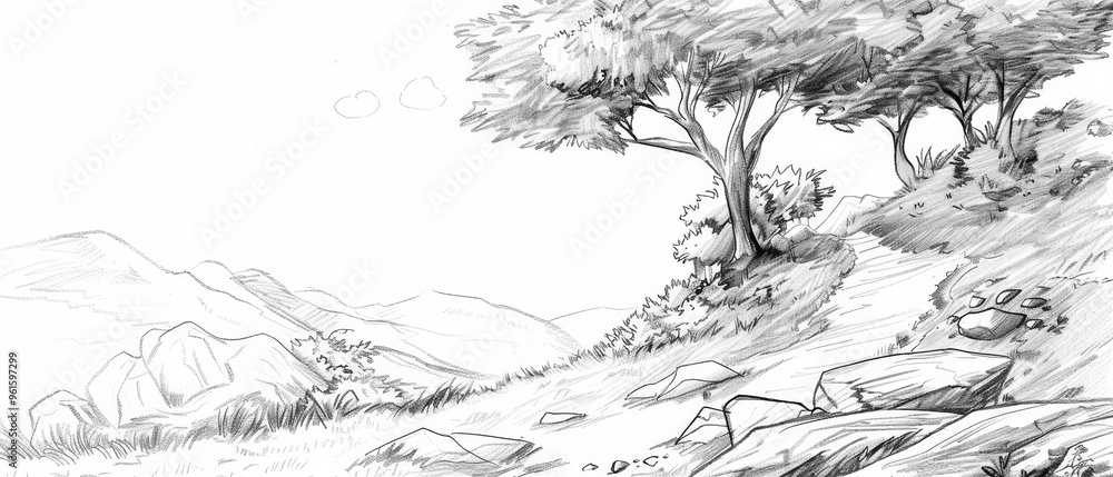 Fototapeta premium A monochrome depiction of a tree atop a hill, surrounded by rocks; behind stands a mountain in grayscale