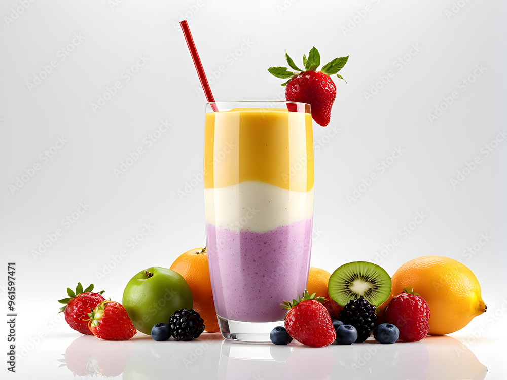 Fruit smoothies in a glass on a white background with fruits Fruit smoothies in a glass on a white background with fruits