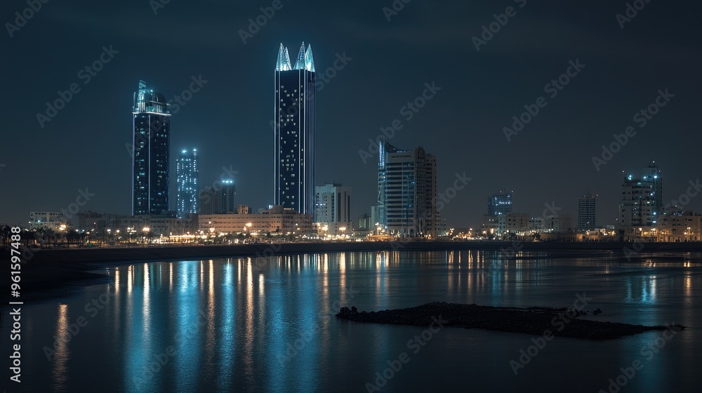 Naklejka premium Night view of the Four Seasons and Hilton Hotels in Manama, Bahrain, their illuminated towers adding to the city stunning skyline.