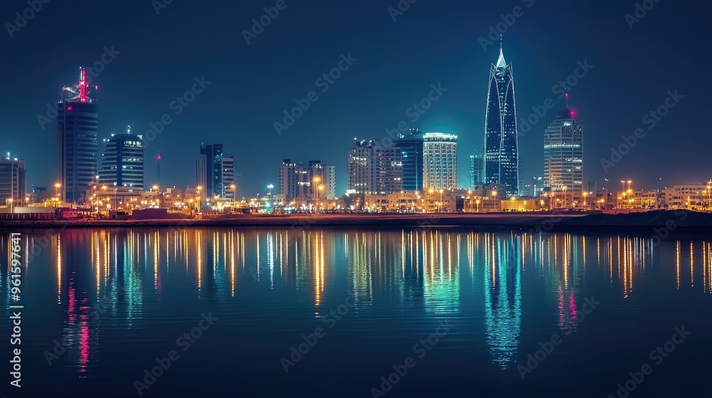Obraz premium Nighttime cityscape of Manama, Bahrain, with sparkling lights reflecting off Bahrain Bay, showcasing the modern skyline.