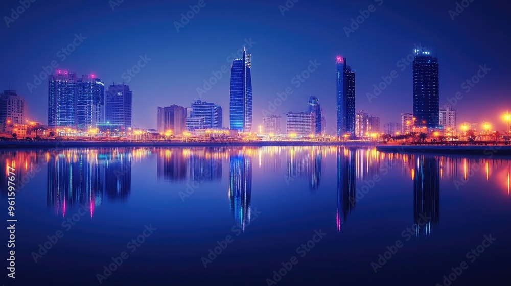 Fototapeta premium Nighttime cityscape of Manama, Bahrain, with the glowing Four Seasons and Hilton Hotels, their reflections visible in the bay.