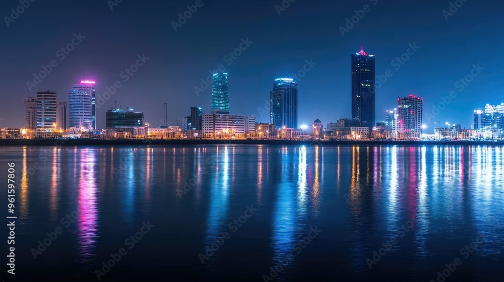 Fototapeta premium Nighttime panorama of Manama, Bahrain, highlighting the glowing Four Seasons and Hilton Hotels in the city's vibrant skyline