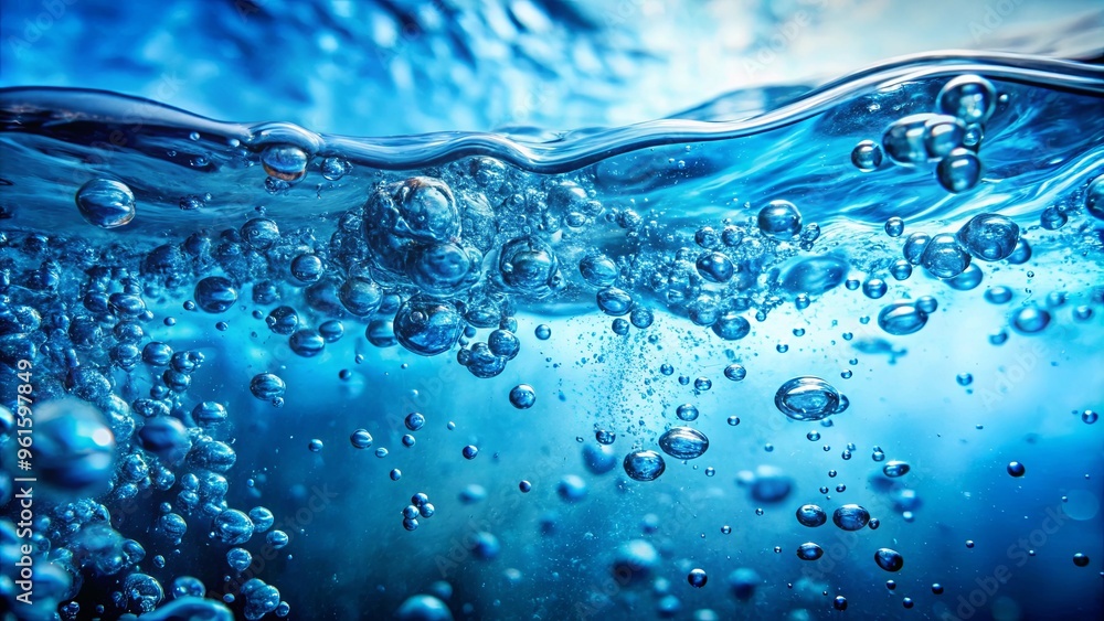 Close-up of water bubbles on vibrant blue hued surface with bubbles on water's surface Close-up of water bubbles on vibrant blue hued surface with bubbles on water's surface